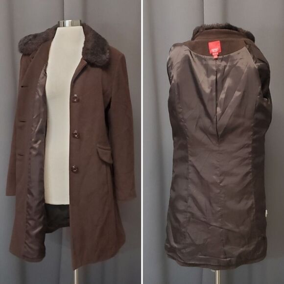 Vintage 90s y2k Esprit Chocolate Brown Wool Blend Faux Fur Midi Trench Coat Md - Picture 3 of 7
